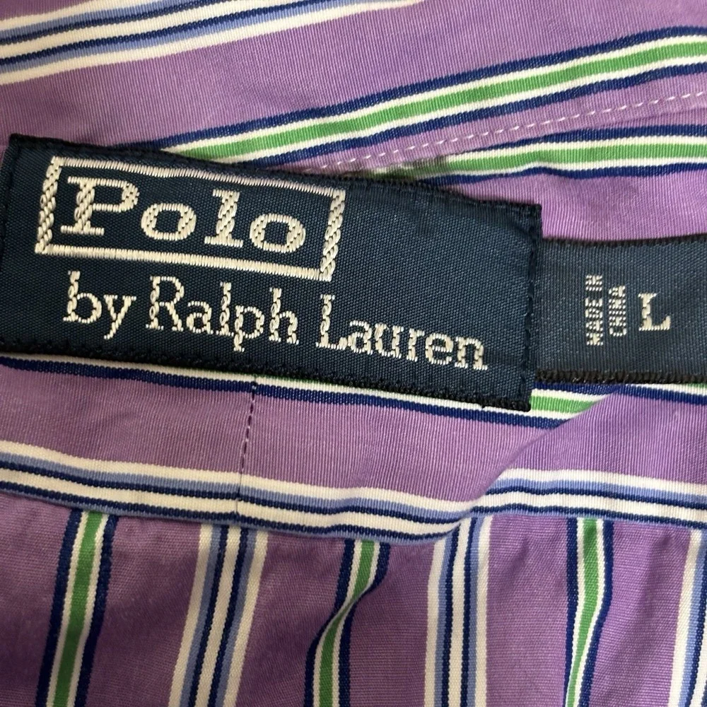 Polo Ralph Lauren Shirt Mens Size Large‎ Purple Green Striped Green Logo Preppy